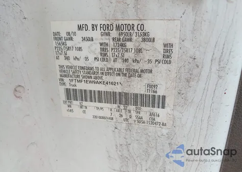 2010 Ford F-150 Stx/Xl/Xlt из США, поврежденный, VIN 1FTMF1EW9AKE41621